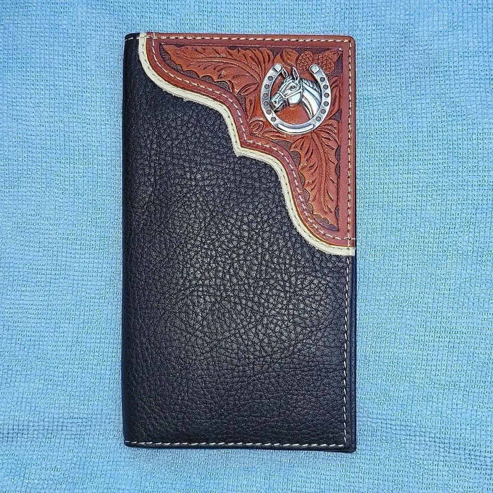 Western Genuine Leather Two Tone Checkbook Wallet Card Holder Horse Horseshoe